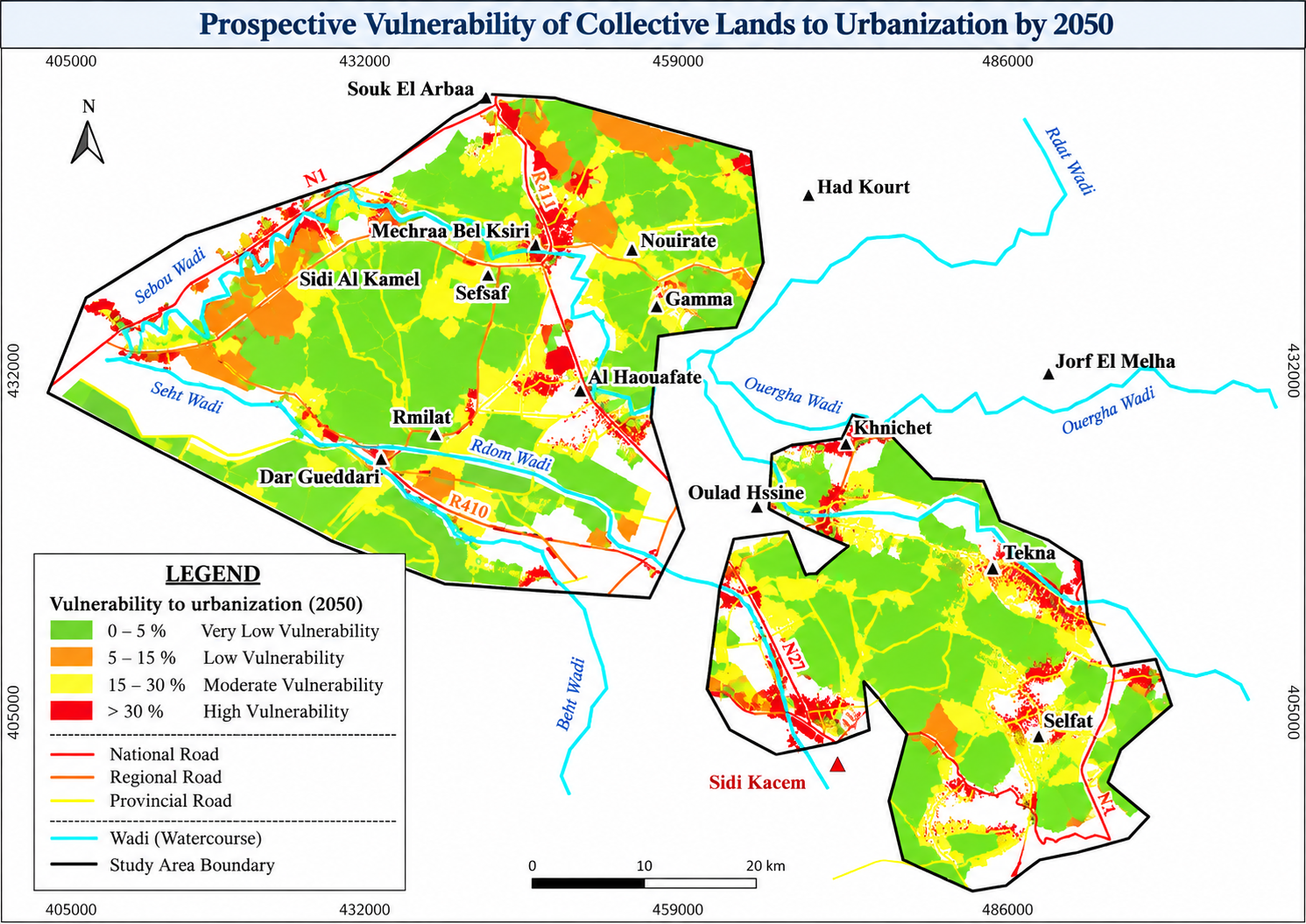 Prospective vulnerability of collective lands to urbanization by 2050 in the Sidi Kacem study area