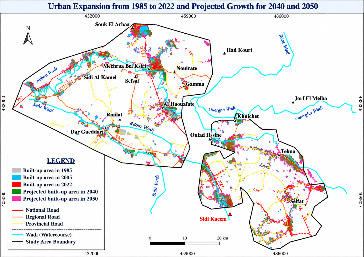 Urban expansion from 1985 to 2022 and projected growth for 2040 and 2050 in the Sidi Kacem study area